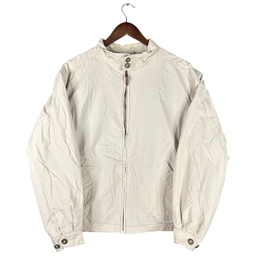 Lands End Mens Harrington Bomber Jacket Size M Beige Plaid Lined Preppy Golf